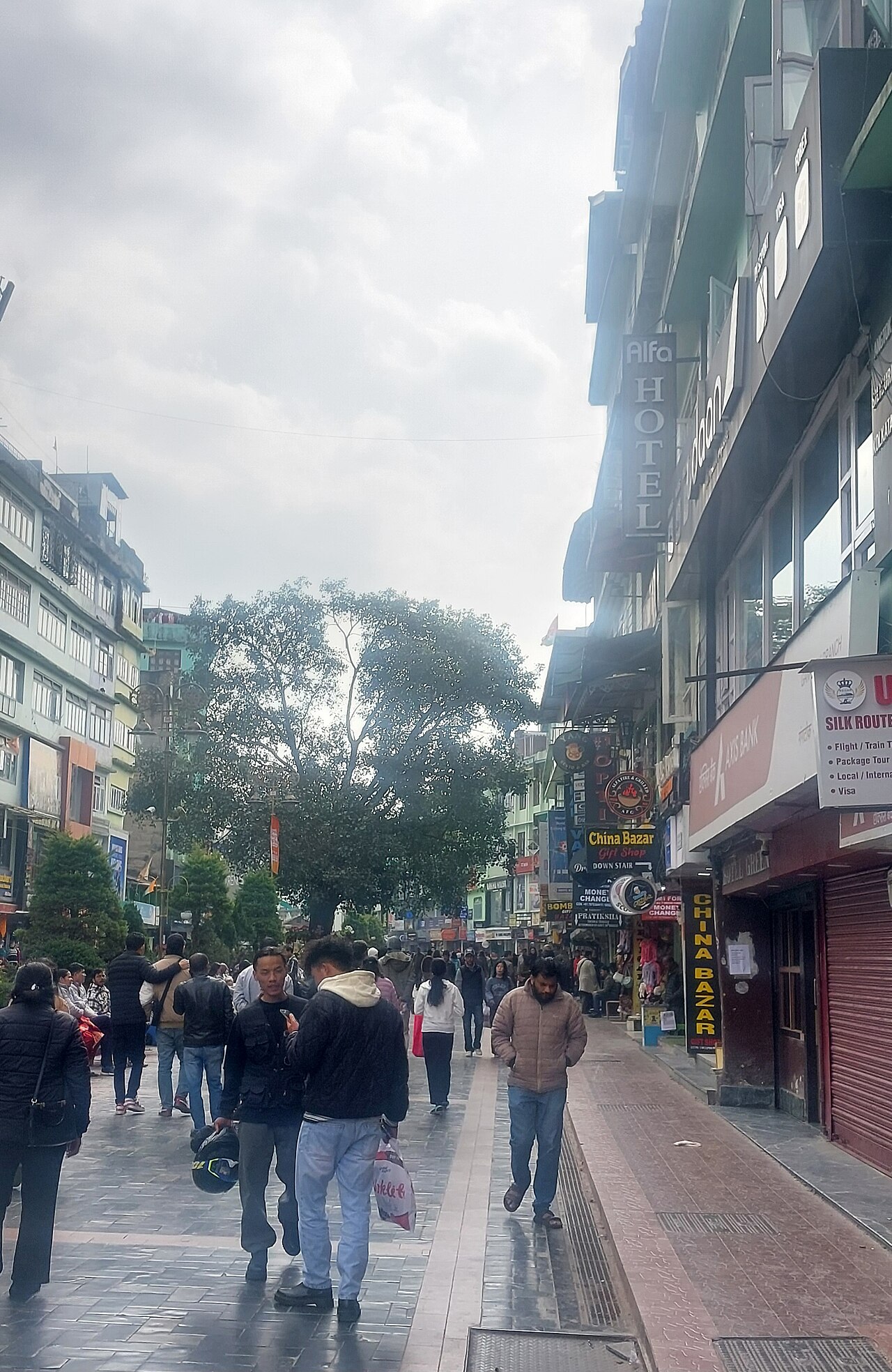 Evening buzz along Gangtok Mahatma Gandhi Marg with cafes, curio shops, and tourists